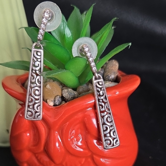 Brighton Jewelry - Brighton Silver Contempo Patterned Bar Drop Earrings - With Crystals